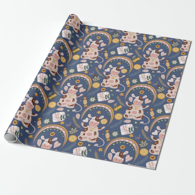 Cute jul Yoga Cow Whimsical Mönster Blue Presentpapper (Utrullad)