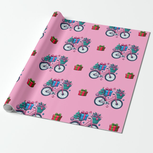 Cute Julafton Bicycles Helgdag Blue Gift Wrapping Presentpapper (Utrullad)