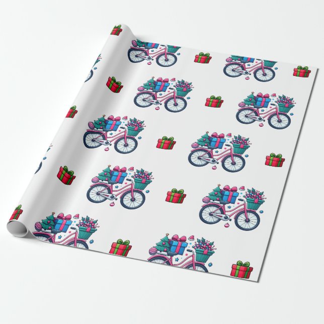 Cute Julafton Bicycles Helgdag Blue Gift Wrapping Presentpapper (Utrullad)