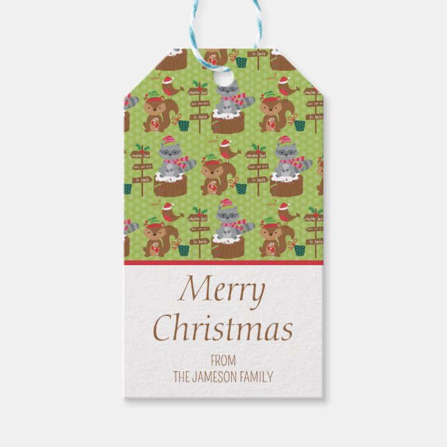 Cute-julafton, ekorre och Snöflingor Presentetikett (Framsidan)