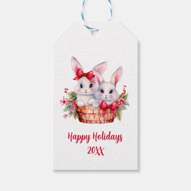Cute Julbunnier i Basket Presentetikett (Framsidan)