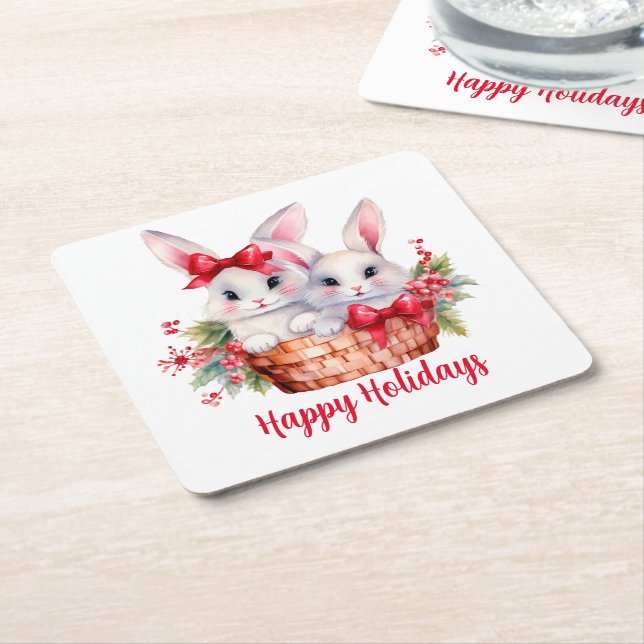 Cute Julbunnier i Basket Underlägg Papper Kvadrat (Vinklad)