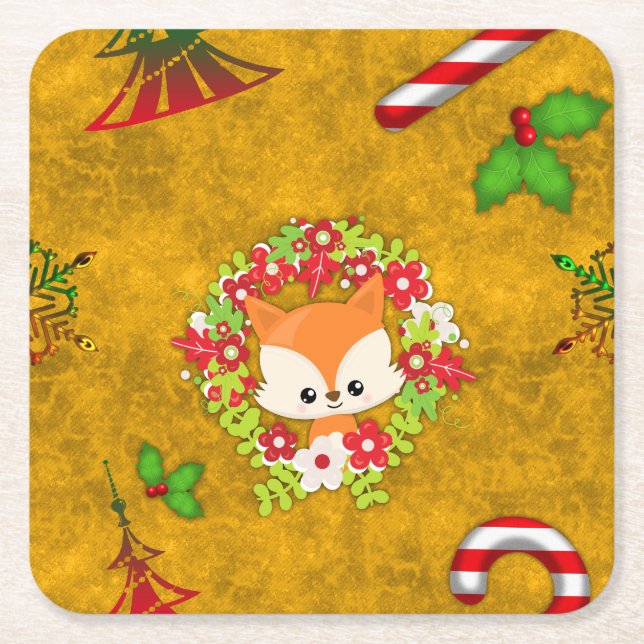 Cute Julfox Underlägg Papper Kvadrat (Framsidan)