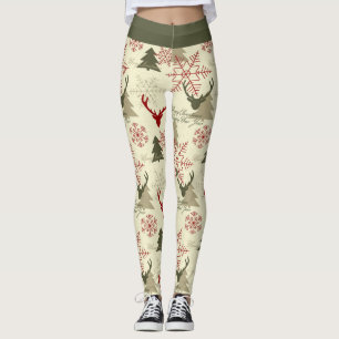 Cute Julgran Hjort Grönt Red Mönster Festive Leggings