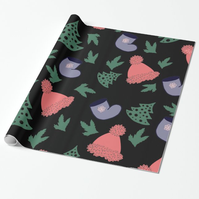 Cute Julgran, lager, Red Hats on Black Presentpapper (Utrullad)