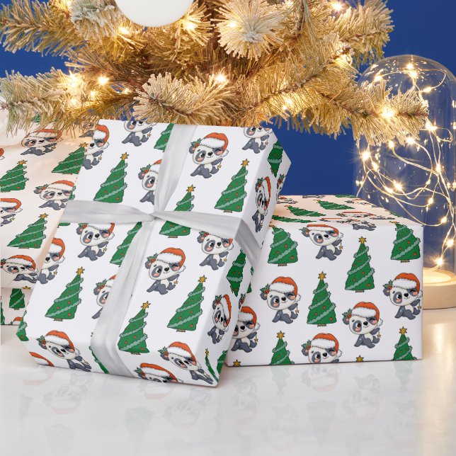 Cute Julgran Panda Red Santa Hat Presentpapper (Helgdagar)