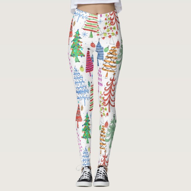 Cute Julgran Rosa Grönt Red Blue Mönster Leggings (Framsida)