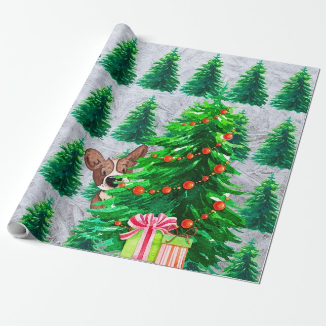 Cute Julgranar Hund Wrapping Papper Presentpapper (Utrullad)