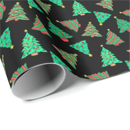 Cute Julgranar Patterned Black Presentpapper