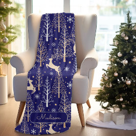 Cute Julgranar renar i monogram blått Fleecefilt