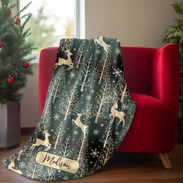 Cute Julgranar renar i monogram grönt Fleecefilt