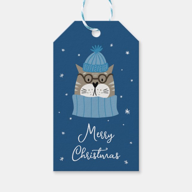 Cute-julklapp i Mysiga blåa Sticka Presentetikett (Framsidan)