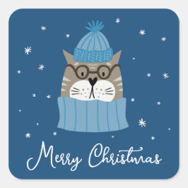 Cute-julklapp i Mysiga Sticka Snöflingor Blue Fyrkantigt Klistermärke