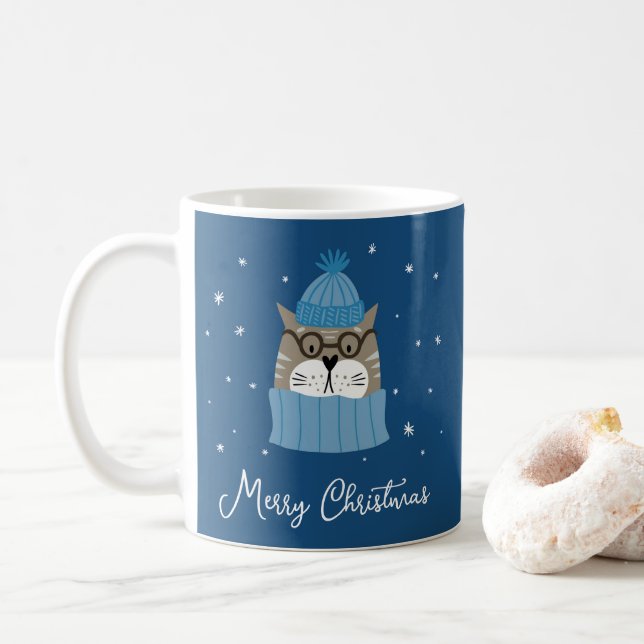 Cute-julklapp i Mysiga Sticka Snöflingor Blue Kaffemugg (Med munk)
