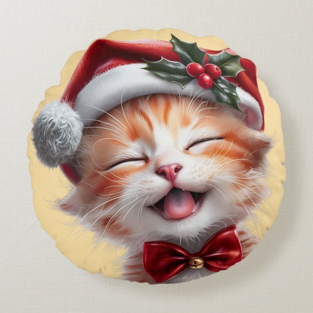 Cute-julklapp med Santa Hat och Bow Tie Rund Kudde (Framsidan)