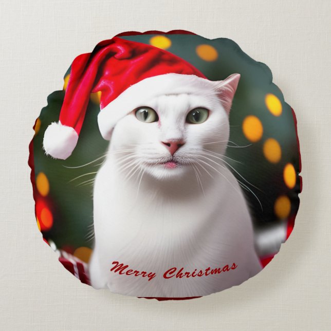 Cute-julklapp Vit Katt med Santa Hat Rund Kudde (Framsidan)