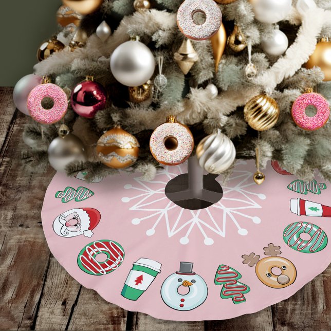 Cute-julklumpar och kaffe I snöflinga I Rosa Julgransmatta Borstad Polyester (Pink & Red Christmas donuts & coffee snowflake tree skirt, baking it bright, santa, snowman, tree)