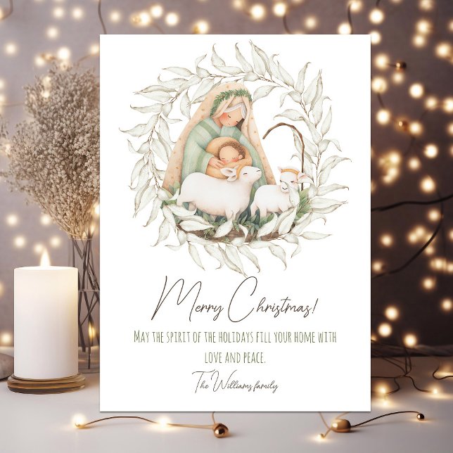Cute-julkort med fotot på baksidan julkort (Cute pastel Christmas card with baby Jesus and Mary. Your photo on the back side)