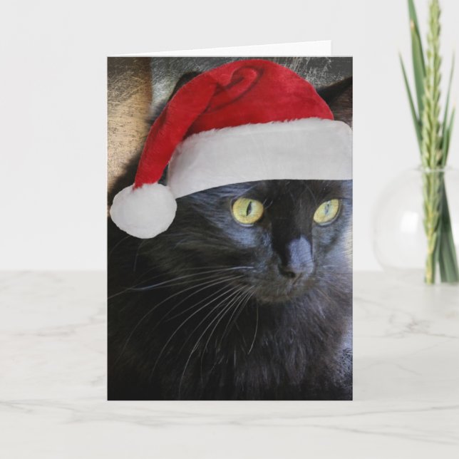 Cute-julkort, Söt Black Cat w Santa Cap Helgkort (Framsida)