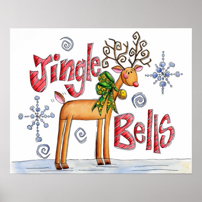 Cute julrenar, Jingle Klockor Snöflingor Poster (Framsidan)