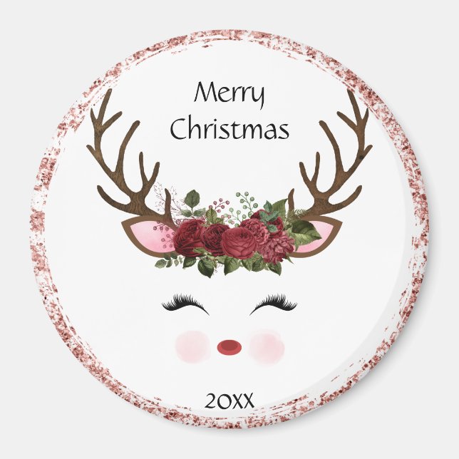 Cute julrenar Red Blommigt Magnet (Framsidan)