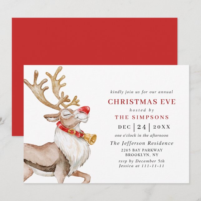 Cute julrener Helgdag CHRISTMAS KVÄLL Inbjudningar (Fram/baksida)
