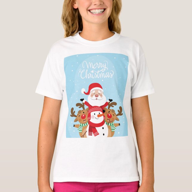 Cute Jultomten, hjort och snögubbe T Shirt (Framsida)