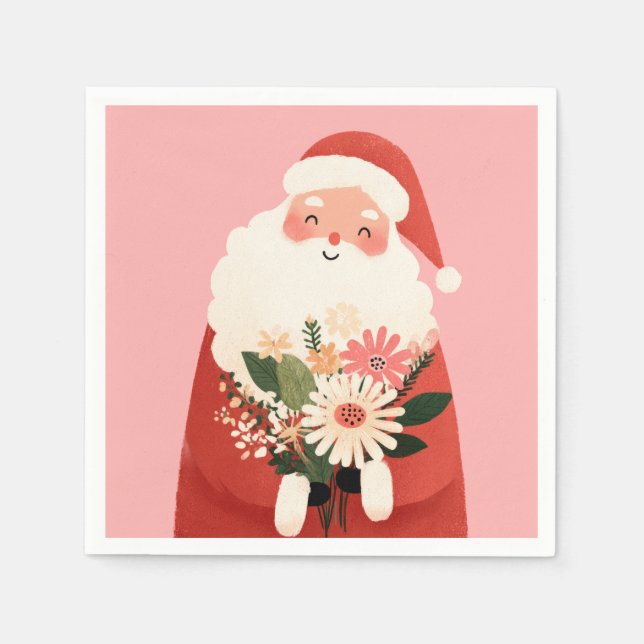 Cute Jultomten med blommor Rosa jul Pappersservett (Framsidan)
