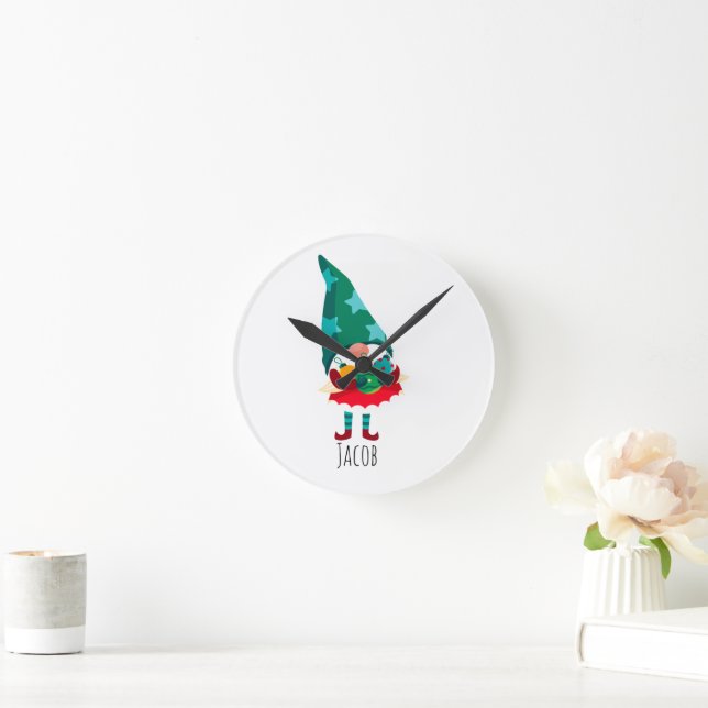 Cute-jultomten med julprydnader rund klocka (Hem)