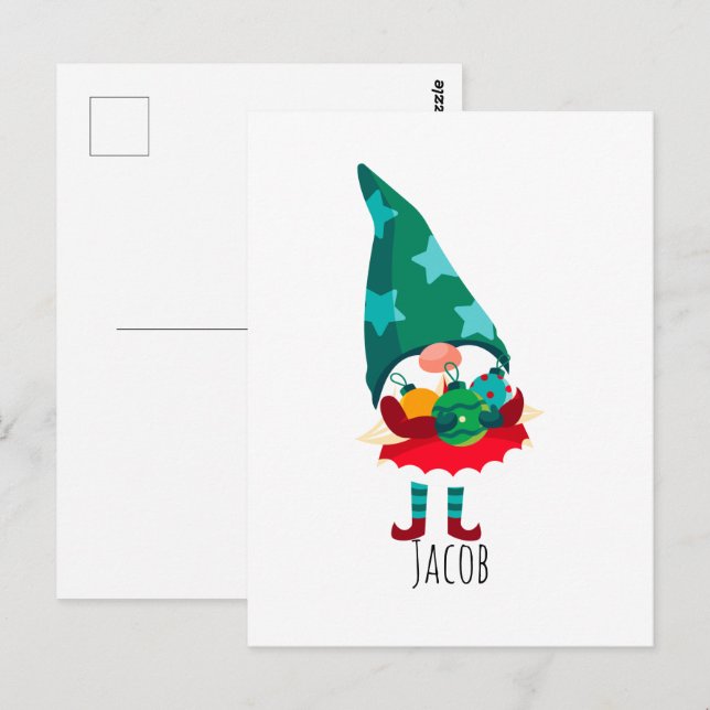 Cute-jultomten med julprydnader vykort (Fram/baksida)