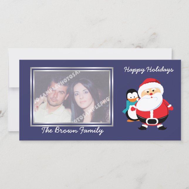 Cute Jultomten och Penguin i vinter-fotokort Julkort (Framsida)