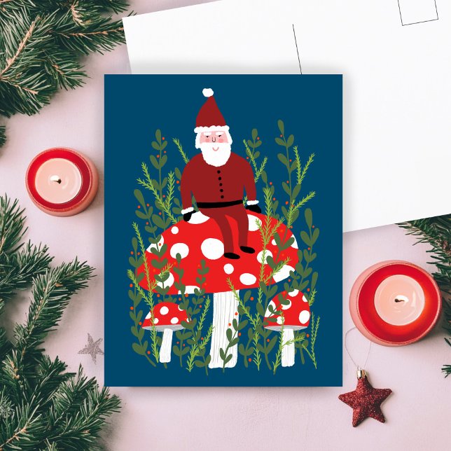 Cute Jultomten på Magic Mushroom Julafton Vykort (Santa Claus on Magical Mushroom Amanita Christmas Cute Xmas Postcard
)