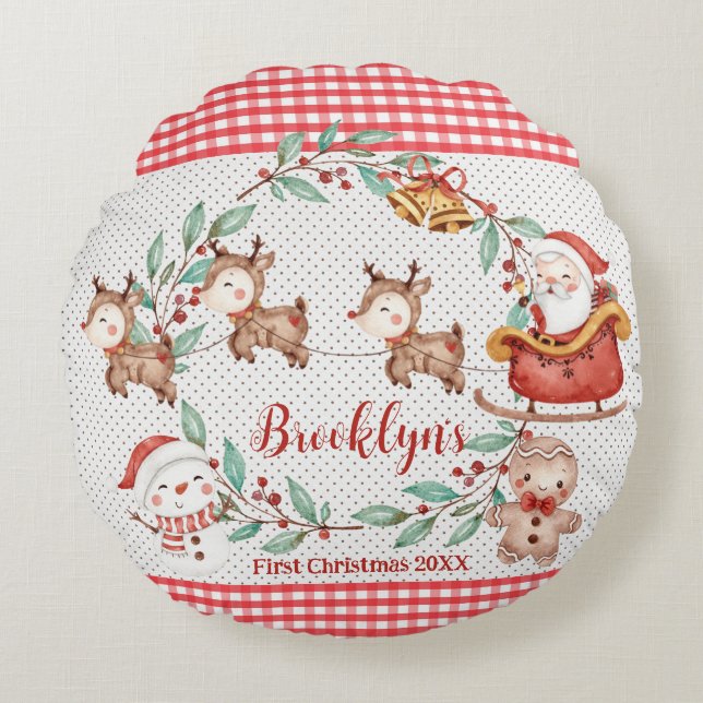 Cute Jultomten Reindeer Snögubbe 1:a jul Rund Kudde (Framsidan)