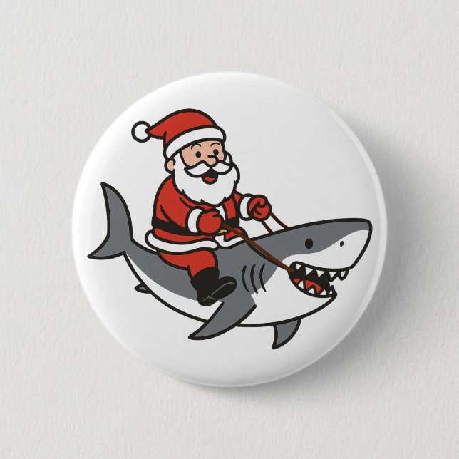 Cute Jultomten Riding a Shark Funny jul Knapp (Framsida)