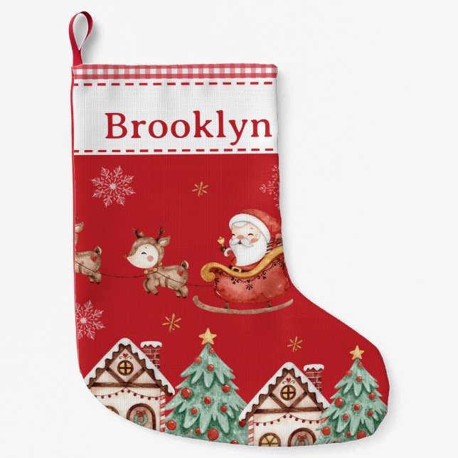 Cute Jultomten Sleigh Reindeer Träd Gingerbröd Liten Julstrumpa (Framsidan)