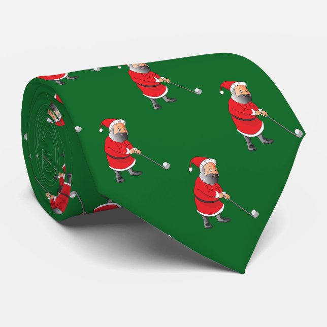 Cute Jultomten spelar Golf Grönt Helgdag Slips (Rullad)