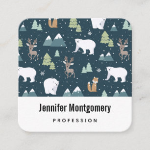 Cute Julvinter Animals Mönster Fyrkantigt Visitkort