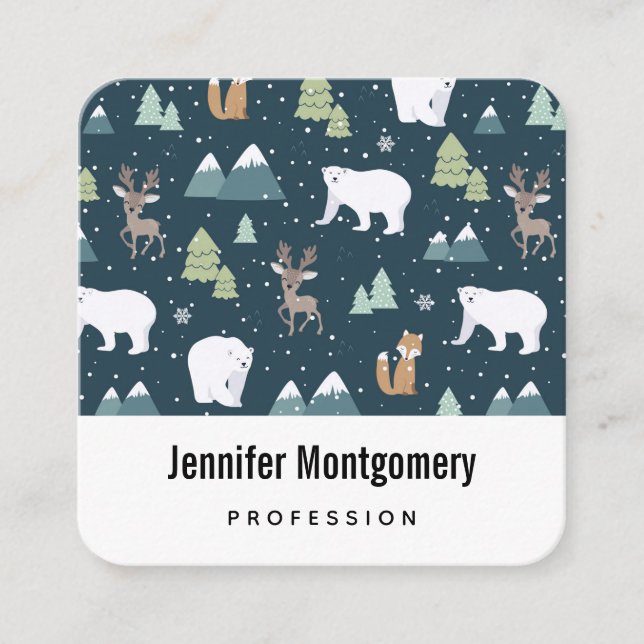 Cute Julvinter Animals Mönster Fyrkantigt Visitkort (Framsida)
