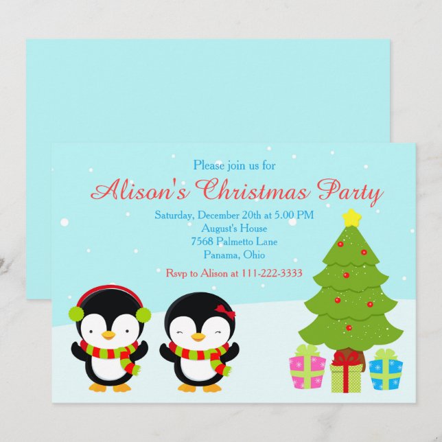 Cute Julvinter Penguins och Träd Inbjudningar (Fram/baksida)