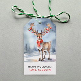 Cute Julvinter Rudolph Reindeer Watercolor Presentetikett