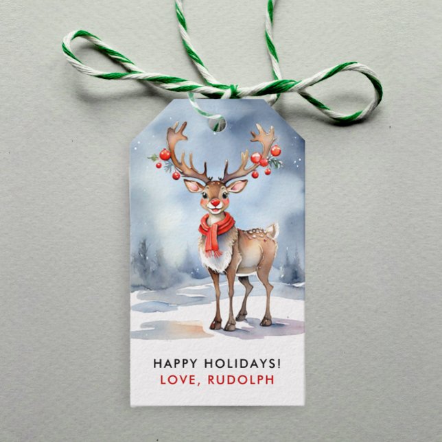 Cute Julvinter Rudolph Reindeer Watercolor Presentetikett (Skapare uppladdad)