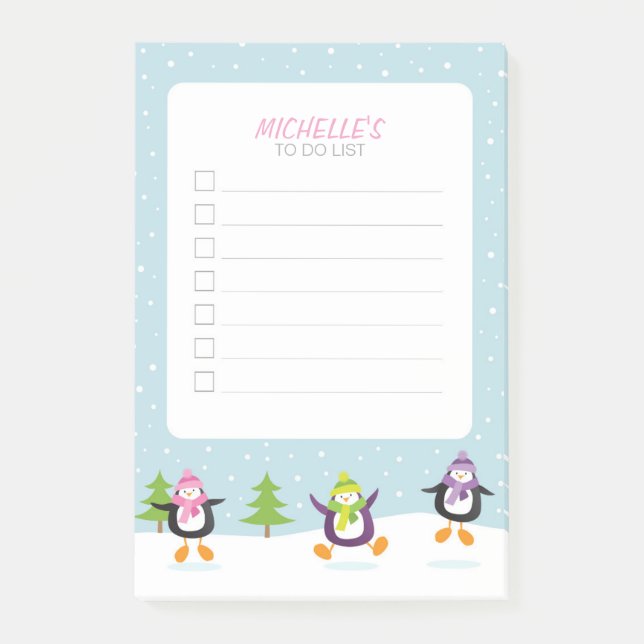 Cute Jumping Penguins in Snö Festive to Do List Post-it Block (Framsida)