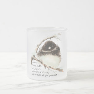 Cute Junco Bird, Scripture, Matt 11:28, Rest Frostad Glasmugg