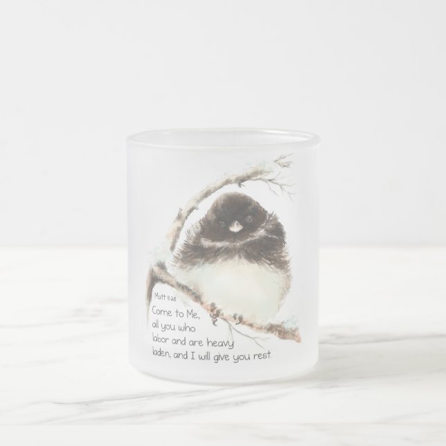 Cute Junco Bird, Scripture, Matt 11:28, Rest Frostad Glasmugg (Center)