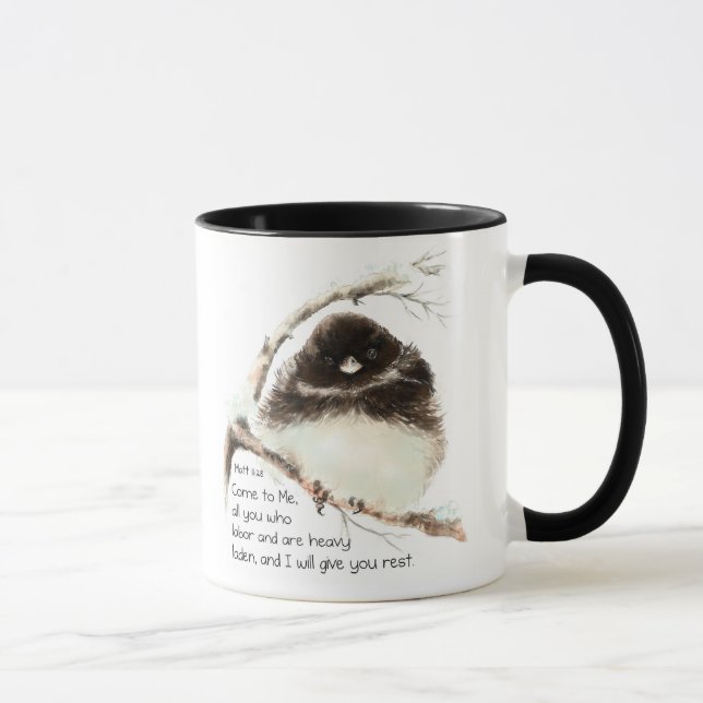 Cute Junco Bird, Scripture, Matt 11:28, Rest Mugg (Höger)