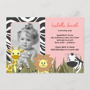 Cute Jungle Animal Pink Foto Birdag Inbjudningar