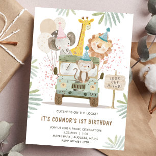 Cute Jungle Animals 1:a födelsedagen Party Inbjudningar