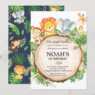 Cute Jungle Animals 1st Birthday Greenery Safari Inbjudningar