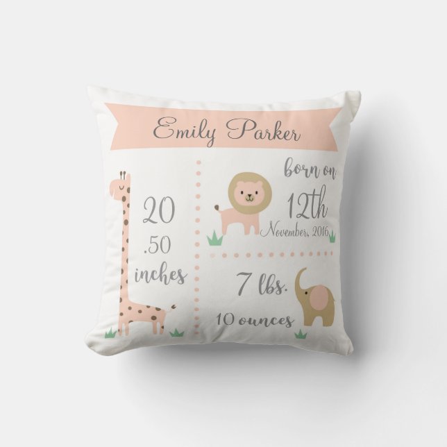 Cute Jungle Animals Flicka Announcement Pillow Kudde (Framsida)