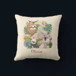 ​Cute Jungle Animals Floral Custom Name Throw pil Kudde<br><div class="desc">Brighten up your child's room with this adorable throw pillow featuring a charming trio of jungle friends: a sloth, a koala, and a panda, all nestled in lush tropical greenery. This personalized pillow includes the name 'Olivia' in a sweet script that you can easily customize. Perfect for a jungle-themed nursery,...</div>